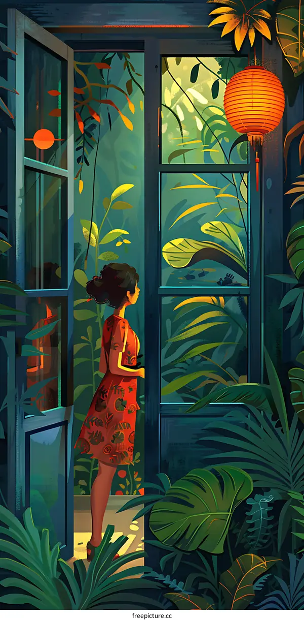 Woman in Red Dress Standing at Doorway with Tropical Plants