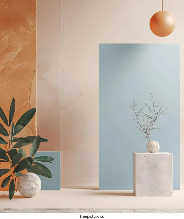 Minimalist Interior Design with Blue Wall and Plant