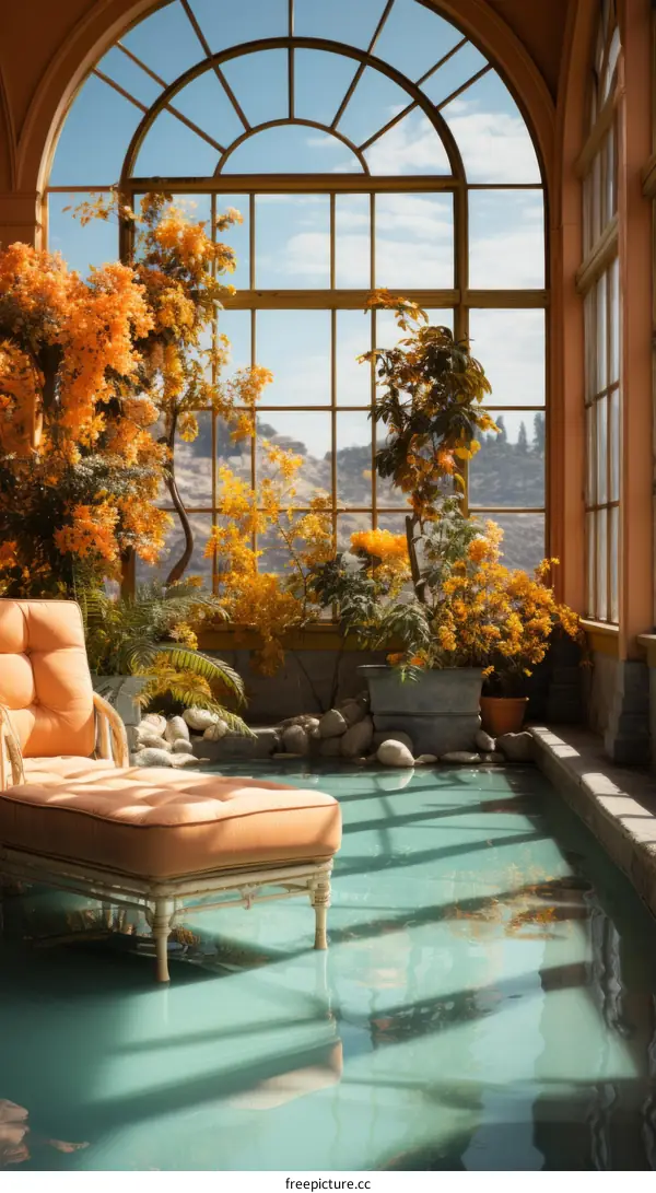 Spacious Sunroom with Arched Window, Chaise Lounge, and Reflecting Pool