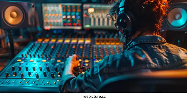 Sound engineer in a recording studio mixing music on an audio mixer