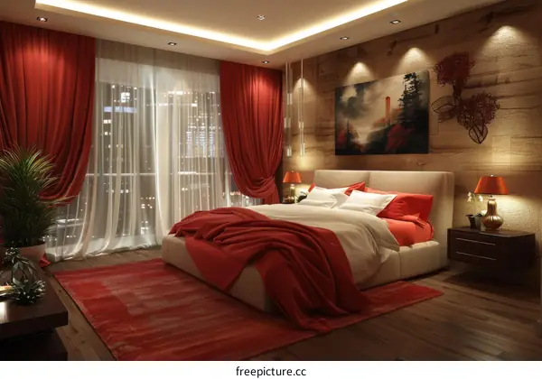 Romantic Red Bedroom Interior Design Illustration