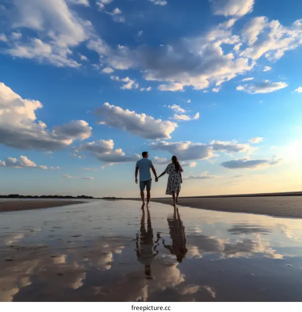 A couple walking hand in hand on a beach at sunset