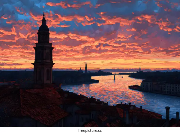 Colorful Sunset Over Venice with Bell Tower