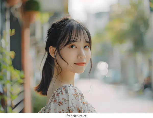 Beautiful Asian Woman With Long Black Hair and Floral Dress