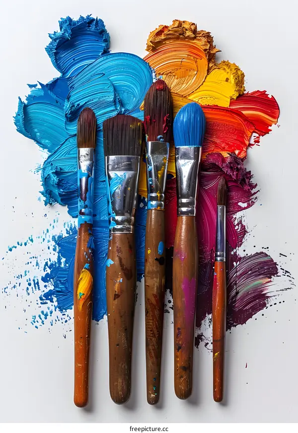 Five Paint Brushes On Palette With Colorful Oil Paint