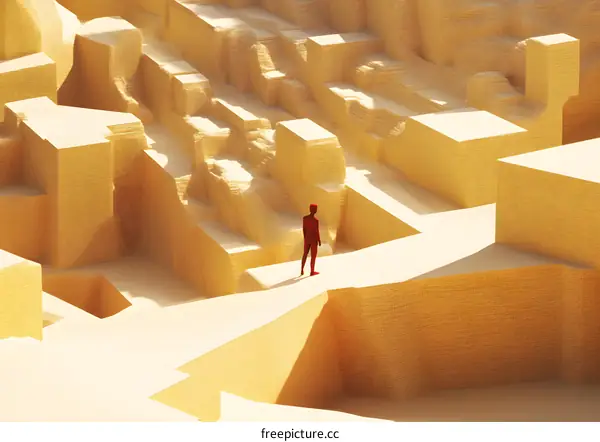 Abstract 3D Illustration of a Red Figure Standing in a Geometric Maze