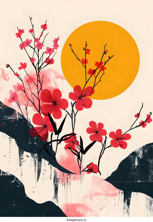 Abstract Japanese Floral Art with Sun