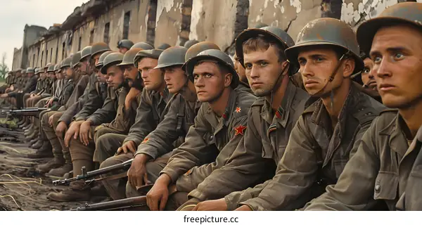 A group of soldiers in military uniform from the Soviet Union during World War II