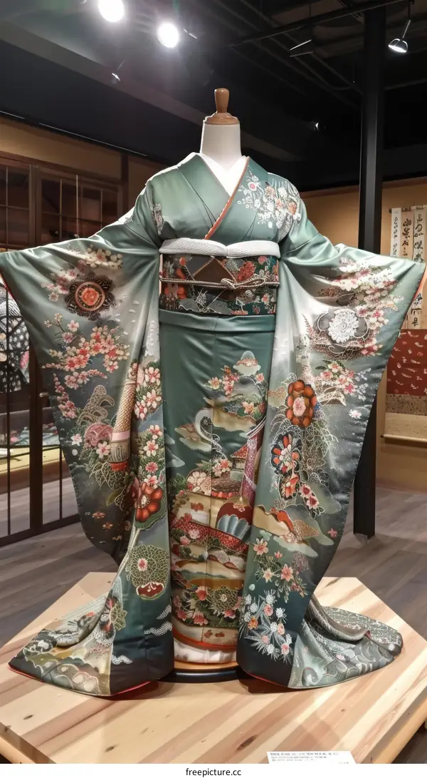 A kimono with a pattern of cherry blossoms and cranes