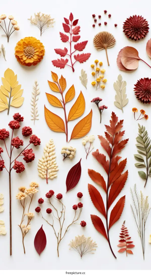 An illustration of various autumn leaves and flowers