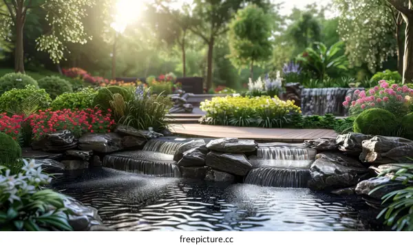 Peaceful Garden Waterfall Landscape Illustration