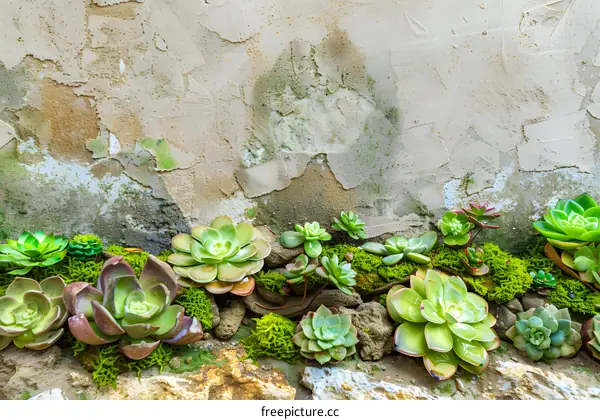 Succulents Plants Growing On Wall Background