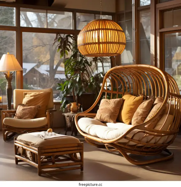 A Beautiful Rattan Chair Sits In A Room With Large Windows