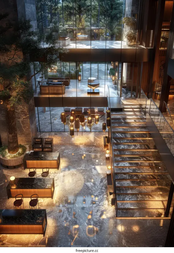 Modern Multi-Level Lobby with Lush Greenery
