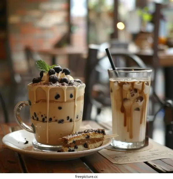 Iced coffee and a cup of blueberries and cream