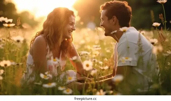 Young couple sitting in a field of daisies