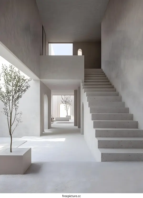 Minimalist Concrete Staircase and Courtyard Interior Design