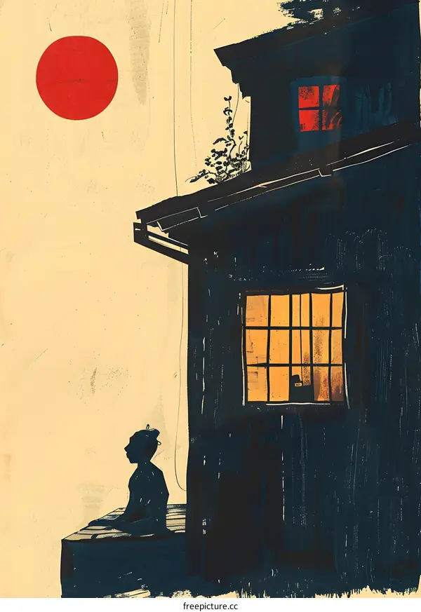 Silhouette of a Woman Sitting on a Porch with a Red Sun and a House in the Background