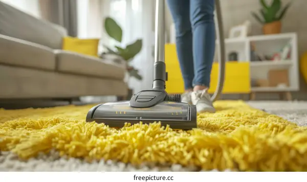 A Person in Jeans Vacuuming a Yellow Rug in the Living Room
