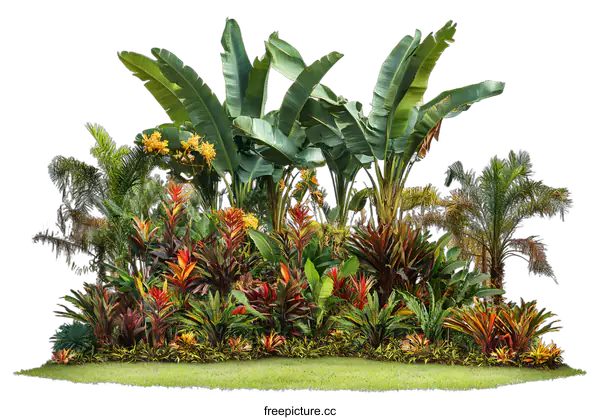 [Transparent Background PNG]Tropical Plants with Green Leaves and Colorful Flowers Isolated on White Background