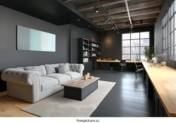 Modern Industrial Loft Office with Cozy Living Area