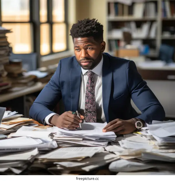 A young African-American man in a suit is sitting at a desk in a library surrounded by stacks of paper.