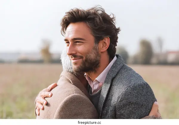Two Men Hugging in Open Field, Friendly Gesture