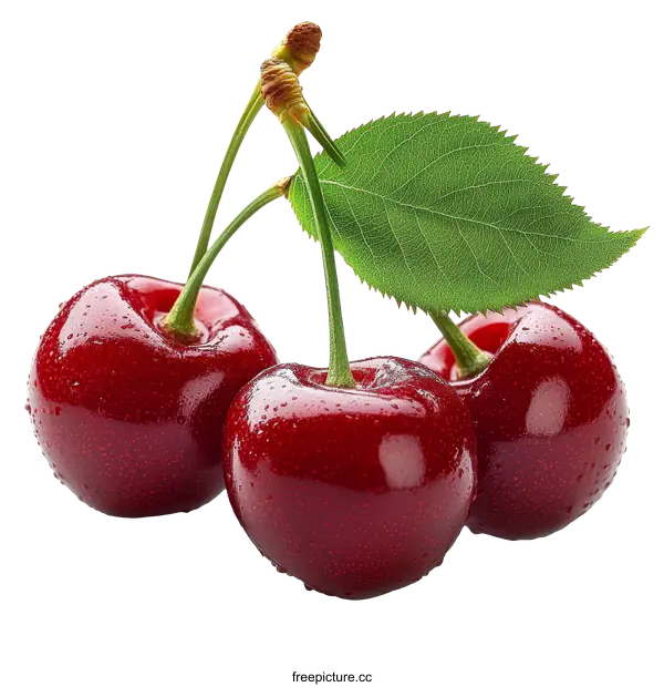 [Transparent Background PNG]Close-up of Fresh Cherries with Leaves