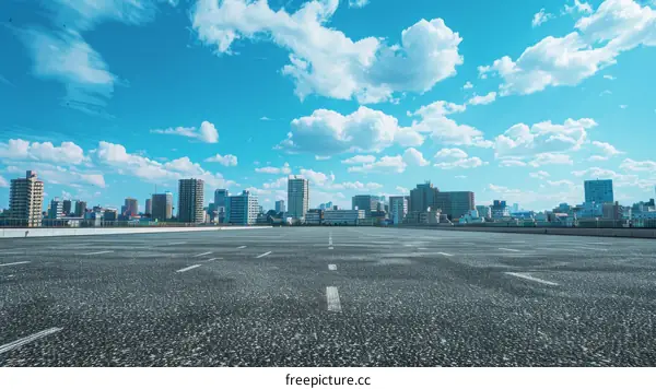 Empty Asphalt Road in Front of City Skyline with Blue Sky and Clouds