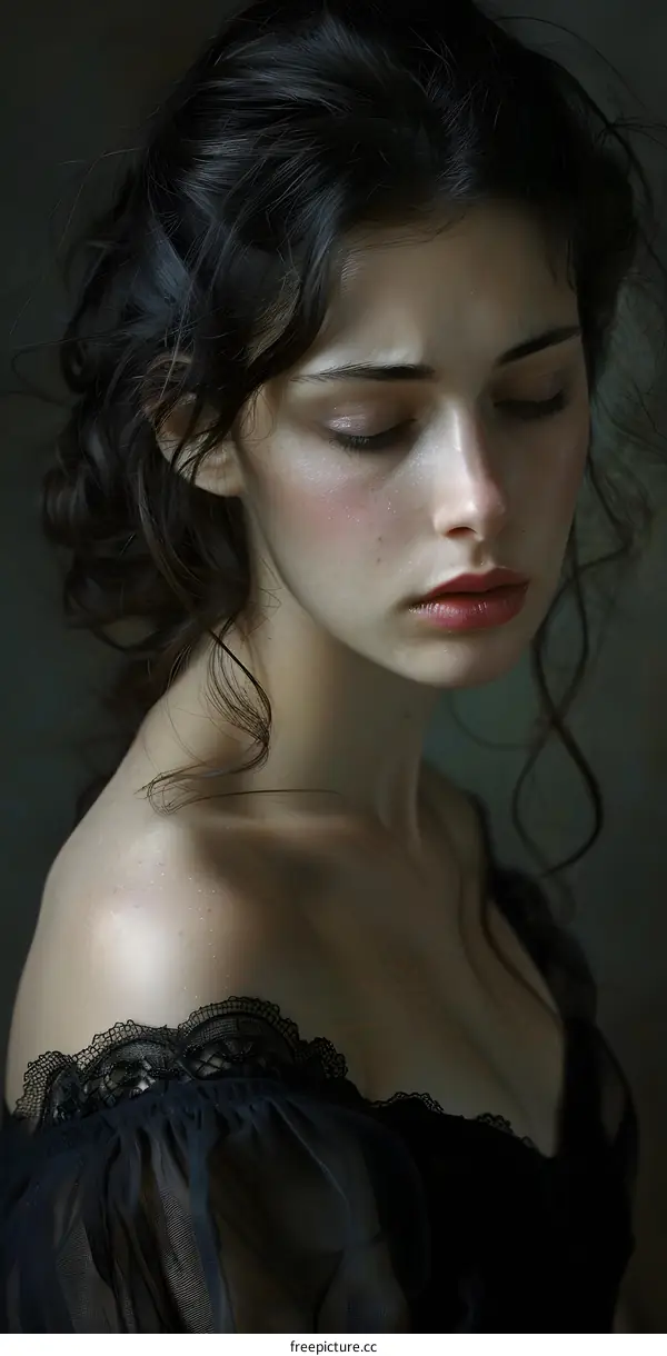 Portrait of a Young Woman with Dark Hair and Lace Dress