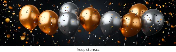 Golden and Silver Balloons with Confetti on Black Background