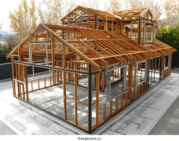 Wooden House Frame Structure Under Construction