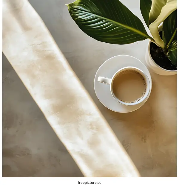 Minimalist Coffee Cup With Plant On Beige Background