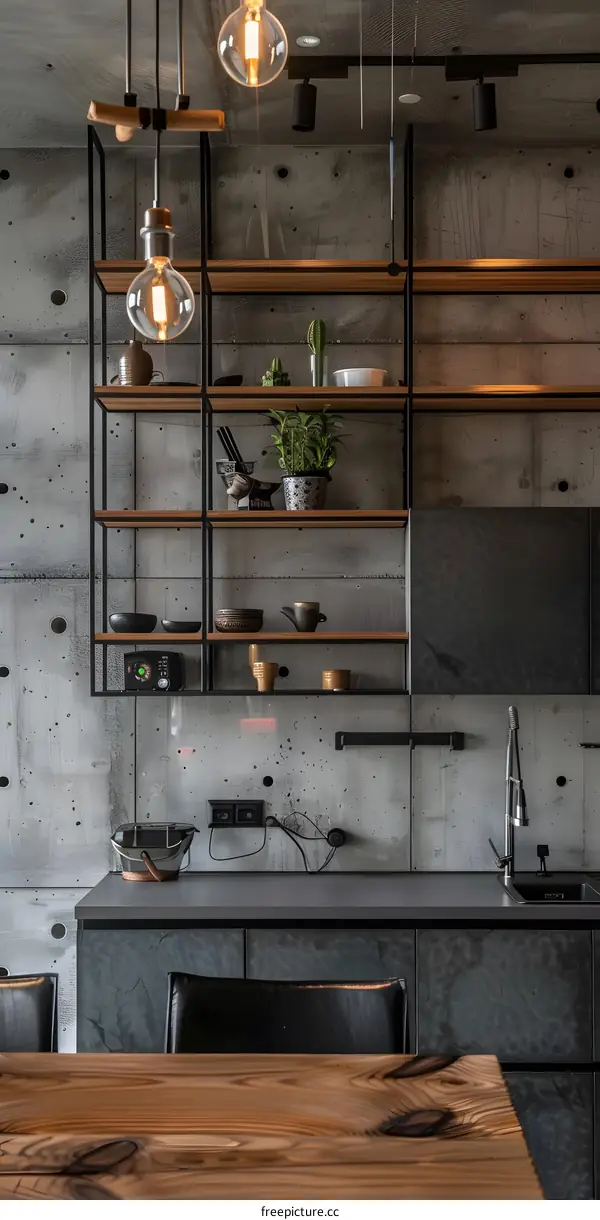 Modern Kitchen Interior Design with Concrete Wall and Wooden Shelves