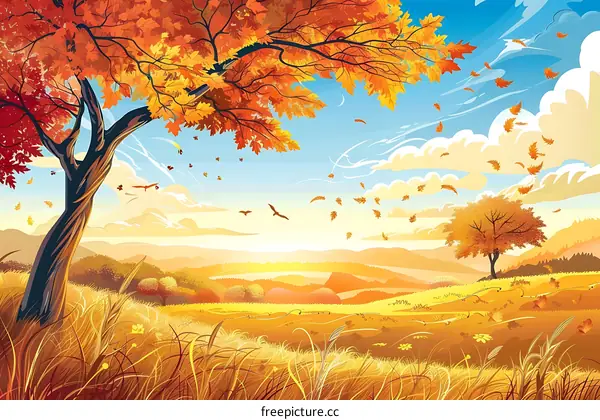 Autumn Landscape With Falling Leaves