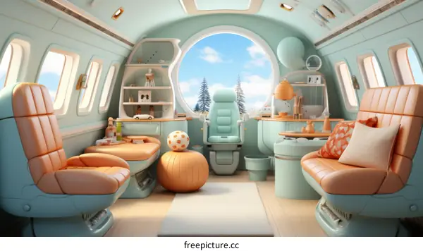 Comfortable and Futuristic Airplane Cabin with Orange and Turquoise Seats