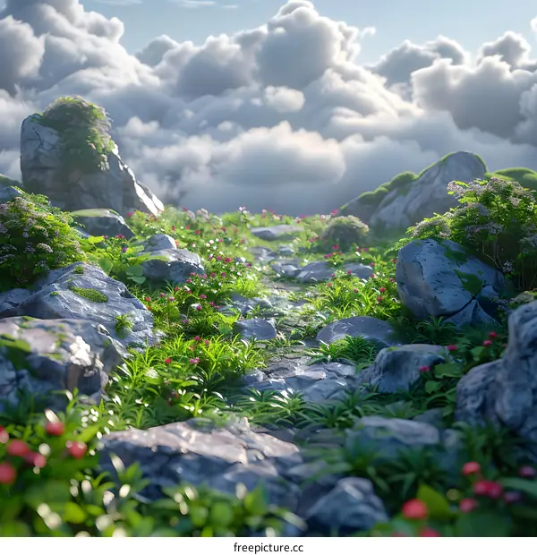 Rocky mountain path with green grass and pink flowers