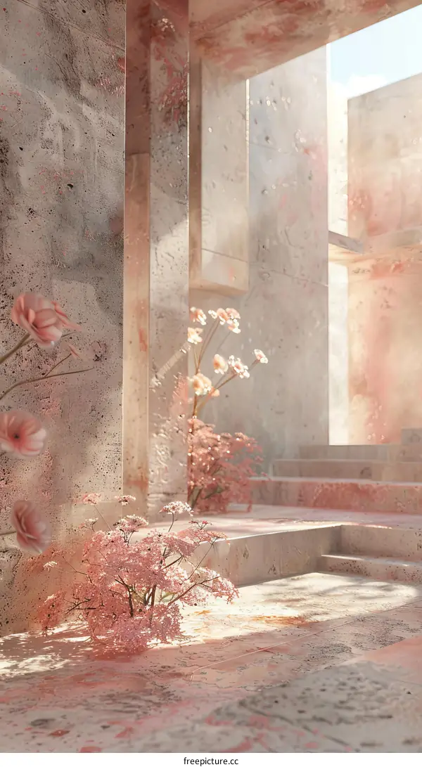 Pastel Concrete Interior with Delicate Blossoms