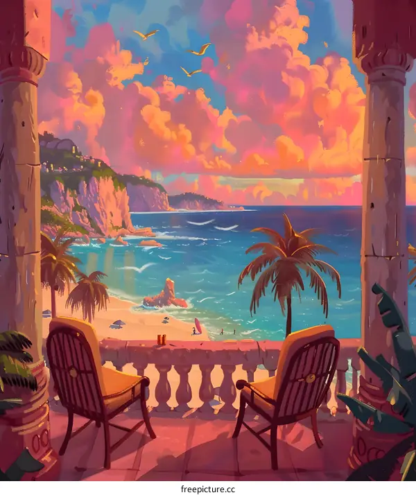 Two Chairs on a Balcony Overlooking a Beach