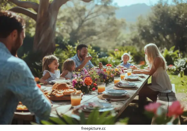 Family picnic in a lush green garden