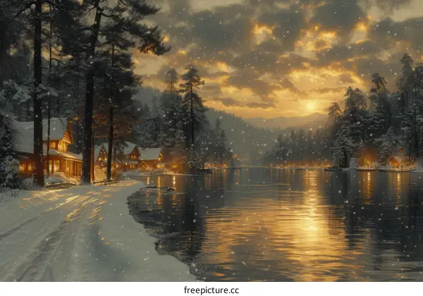 A winter wonderland of snow covered cabins on a frozen lake at sunset