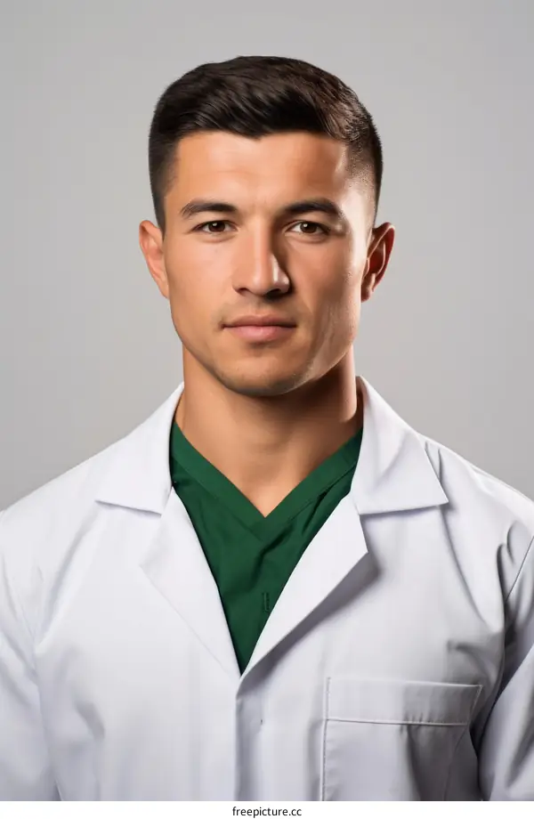 Portrait of a male doctor in a white coat and green scrubs