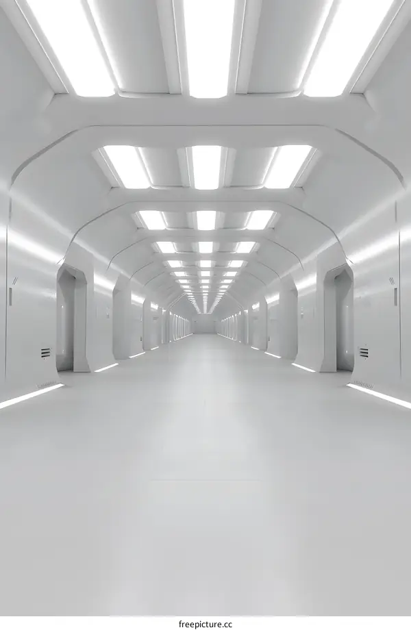 Futuristic White Corridor With Lights And Doors