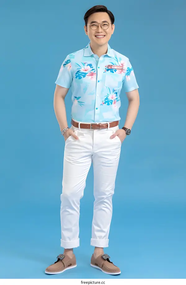Smiling Man Wearing Hawaiian Shirt and White Pants