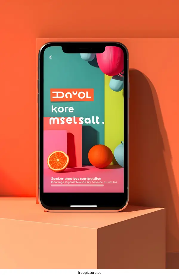 Mobile Phone Screen With  Orange Fruit, Colorful Balls and Text