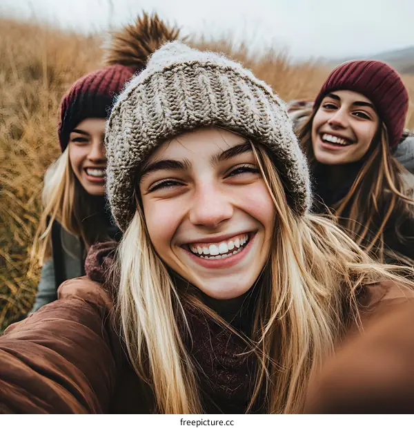 Three Female Friends Taking a Selfie in Nature