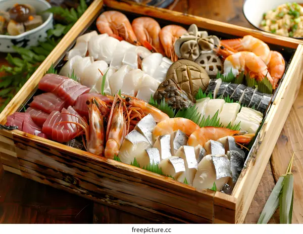 Assortment of fresh seafood in wooden box