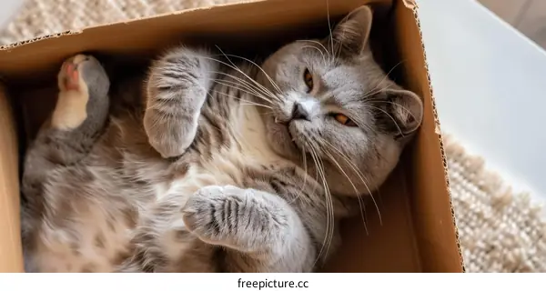 A gray cat is lying in a cardboard box