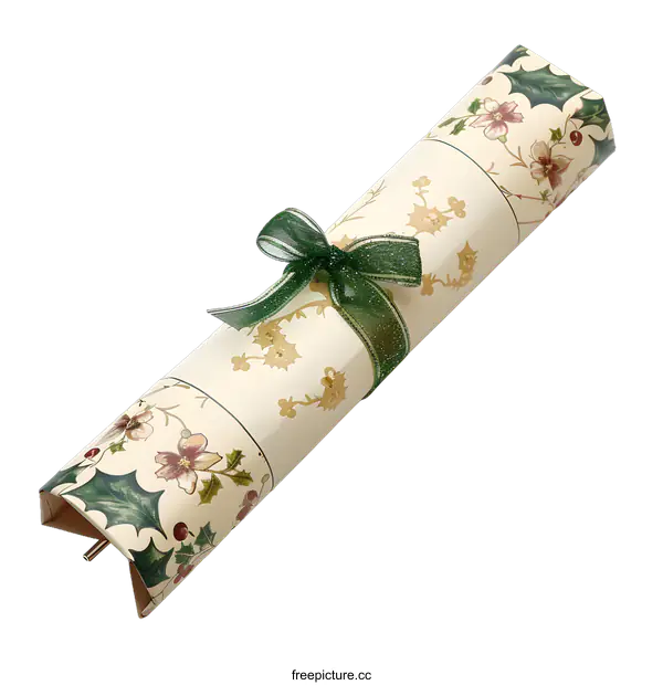 [Transparent Background PNG]Traditional Christmas Cracker with Green Ribbon and Holly Design
