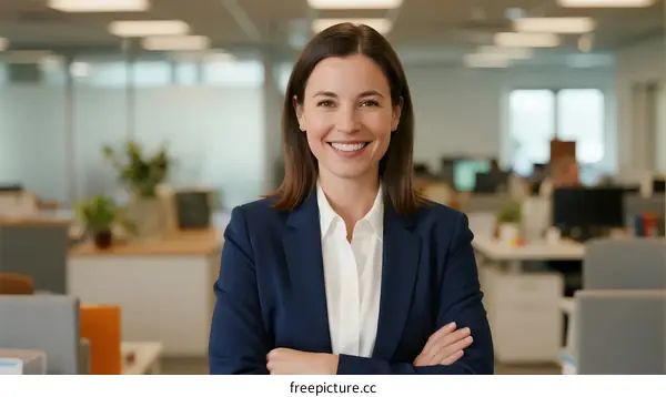 Confident Businesswoman Standing with Arms Crossed in Modern Office